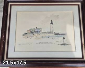 Signed and framed print of New Point Comfort Lighthouse by local artist Langley Deagle