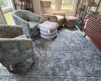 Shag-style area rugs and upholstered furniture