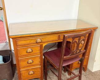 Vintage Desk with Carved Inlays and Chair