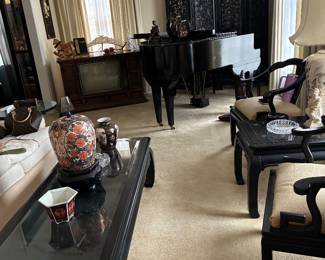 living room filled with numerous oriental pieces of furniture, Antique baby grand piano 
