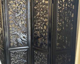 Intricately carved figural wooden 4 panel wall divider