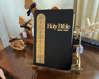  large Bible, Heavy Brass book holder, 3-piece wood rocking horses