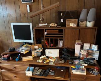 Desk with Hutch, Speakers, Desk light, and many office supply items!!