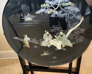 Magnificent folding table 24" round Mother of Pearl  inlay