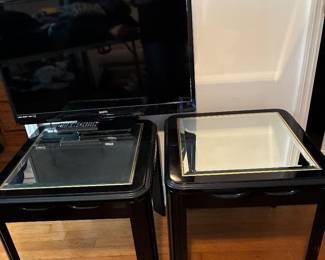  Matching mirrored black wood end Tables and Sanyo Flat Screen T.v.
