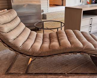 RH Oviedo Leather Chaise in Cavalo Pewter with Polished Stainless Steel Finish. Measures 62" L x 24.5" W x 33.75" H. Photo 1 of 2.