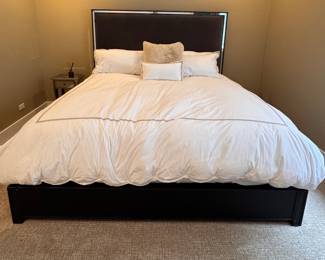 Velvet Upholstered King Bed Frame with Mirrored Trim. Measures 66"H. Photo 1 of 5.