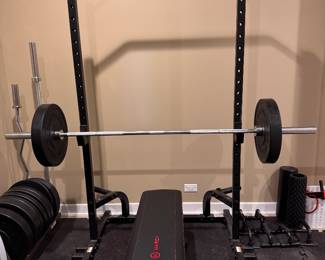 Sunny Health & Fitness Power Zone Squat Stand and Pull Up Bar Set with Bench.