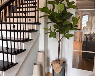 Faux Fig Tree In Planter and Pair of Crate & Barrel Vases. One Measures 24” H & One 32” H.
