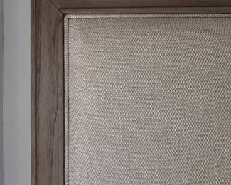 French Contemporary Fabric Panel Queen Size Oak Bed Upholstered in Linen. Measures 64” W x 57” H. Photo 2 of 2.