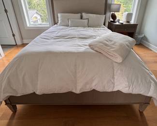 French Contemporary Fabric Panel Queen Size Oak Bed Upholstered in Linen. Measures 64” W x 57” H. Photo 1 of 2.