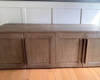 RH Machinto Media Console Designed by Van Thiels in Grey Oak. Measures 100” W x 18” D x 32” H. Photo 1 of 7.