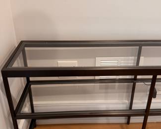 Grand Metal and Chrome Three-Shelf Console. Measures 95” W x 10” D x 27” H. Photo 3 of 3.