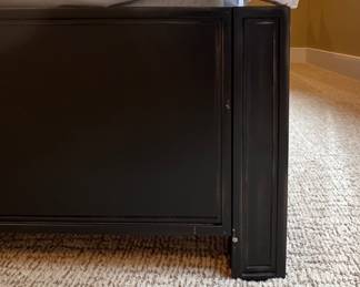 Velvet Upholstered King Bed Frame with Mirrored Trim. Measures 66"H. Photo 5 of 5.