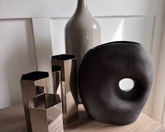 Crate & Barrel Decorative Vases and Chrome Pilar Candle Holders.