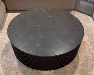 Arhaus Finnley Marble Top Coffee Table with Fluted Wood Tambour Base. Measures 42” D x 15” H. Photo 2 of 2.