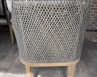 Concrete Top Dining with Oak Pedestal Base. Table Measures 60" D with 29” Clearance. Set of 6 Wall Weather Woven Dining Chairs. Photo 3 of 5