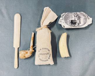 Cream spatula, clay pipe, Linda Soap & Carver Coffee