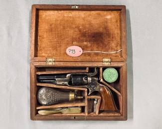 Colt 1855 “Root” Sidehammer Pocket Percission Revolver Box Set complete with powder flask, bullet mold and cap tin.
