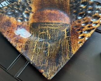 Square art glass tray with amber crackle texture and bubbles