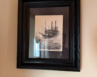 Riverboat Natchez signed pen and ink print in black frame