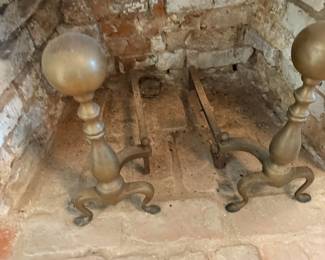 Brass ball-top andirons with cabriole legs, set of two