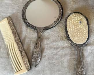 Vintage silver plate vanity set, mirror brush and comb