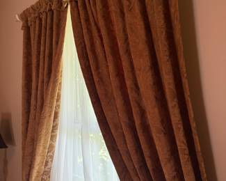 Gold damask curtain panels with sheer under-drapes, pair