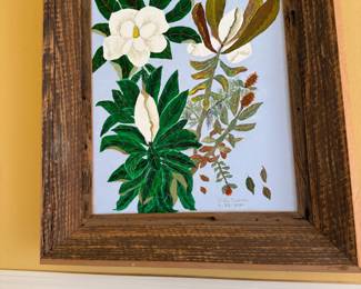 Magnolia blossom botanical painting in rustic wood frame, signed and dated