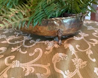 Hammered copper footed planter with claw feet, faux fern