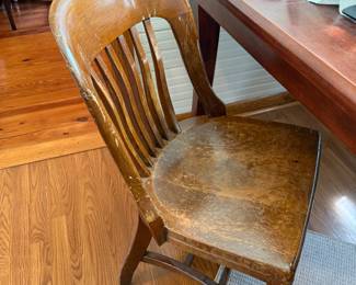 Vintage oak bankers chair with slat back and worn finish