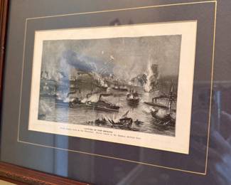 Capture of New Orleans Civil War naval battle engraving in wood frame