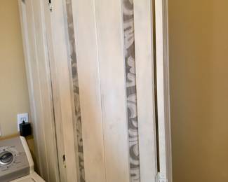 Folding wood room divider screen with fabric panel inserts