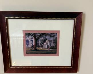 Southern mansion and chapel landscape print in mahogany frame