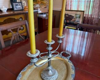 Silver-plated three-arm candelabra on brass grape-motif serving tray