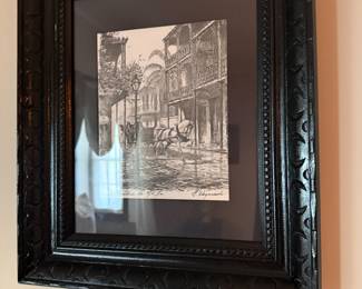 New Orleans French Quarter street scene signed ink sketch in frame
