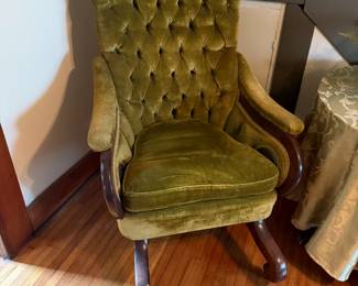 Vintage tufted olive green velvet armchair with wood frame