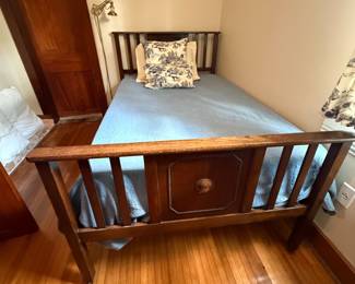 Antique wood twin bed frame with slatted head and footboards