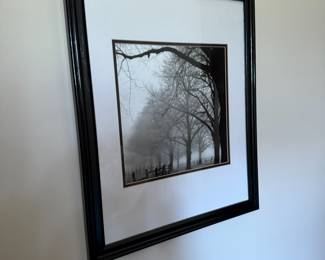Black and white foggy tree line photograph in black frame
