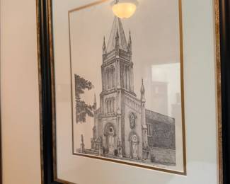 Gothic church pen and ink print in black and gold frame