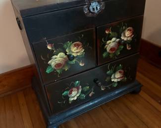 Asian style hand-painted floral black lacquer chest with drawers