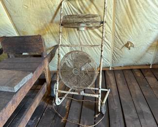 Vintage rolling metal cart with two industrial fans