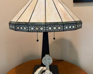 Mission-style stained glass table lamp with pull chains