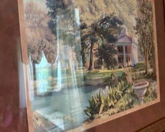 Southern plantation house landscape print in ornate frame