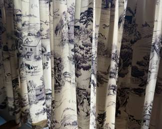 Toile print farmhouse scene curtain valance, navy on cream
