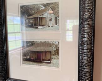 Framed sepia photos of rustic wooden barns, double matted