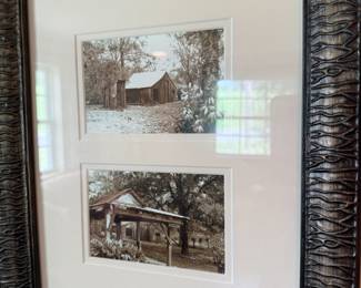 Framed sepia photos of rustic barns in carved wood frame