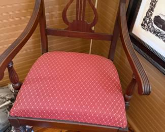 Mahogany lyre-back armchair with red diamond pattern upholstered seat