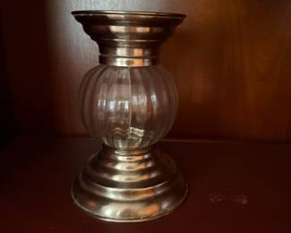 Brass and ribbed glass pillar candle holder