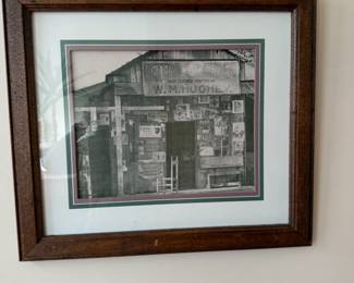 Framed vintage general store photo, W.M. Hughey Peters Shoes sign